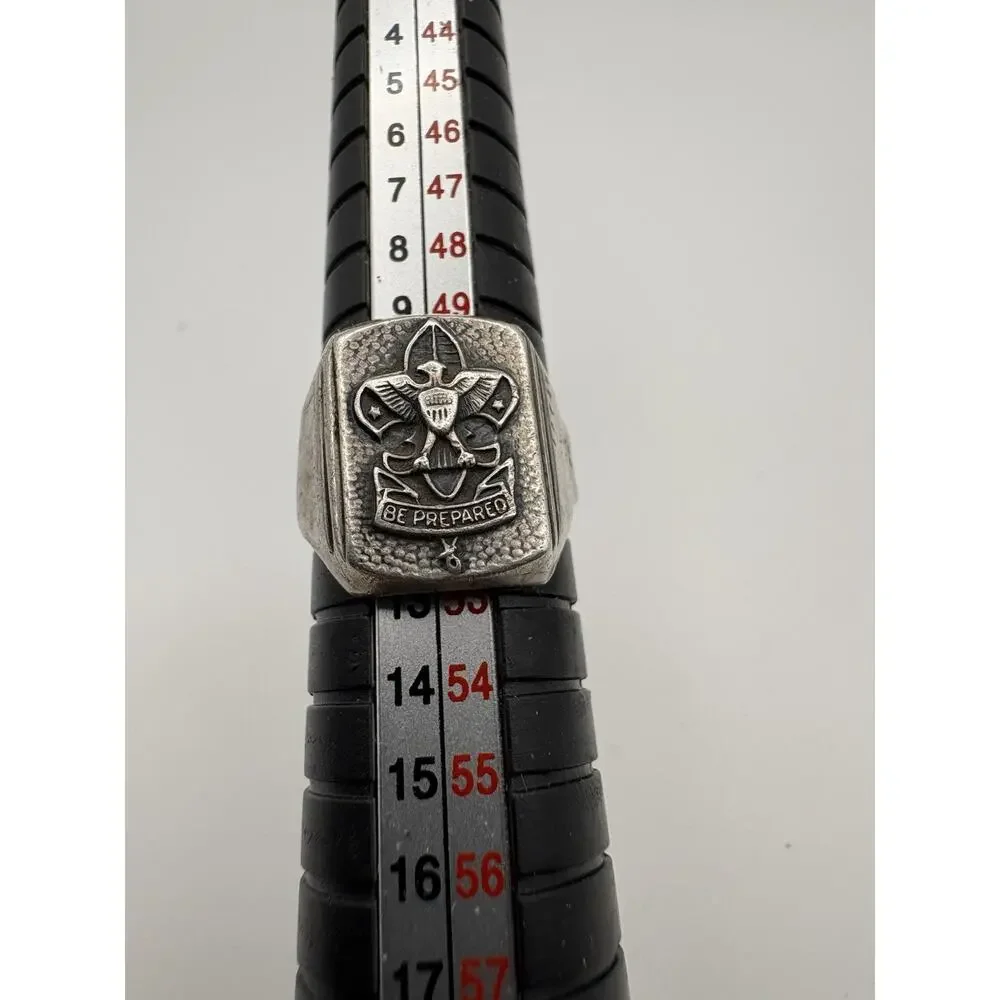 Vintage Boy Scouts Sterling Silver Be Prepared Signet Ring Adjustable 6.3 Grams